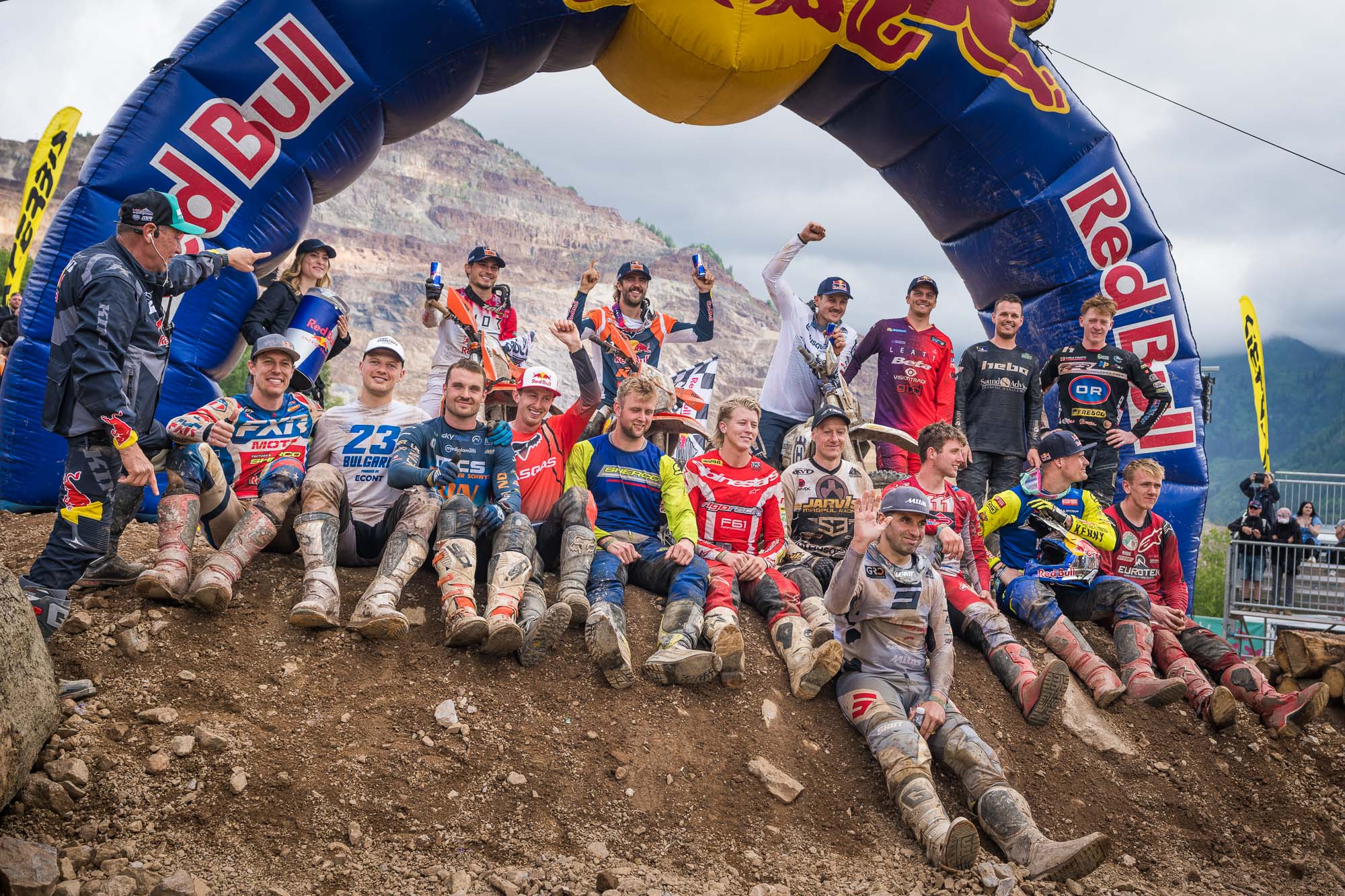 All the Finishers pose for a Groupshot during the Red Bull Erzbergrodeo 2023 in Eisenerz, Austria