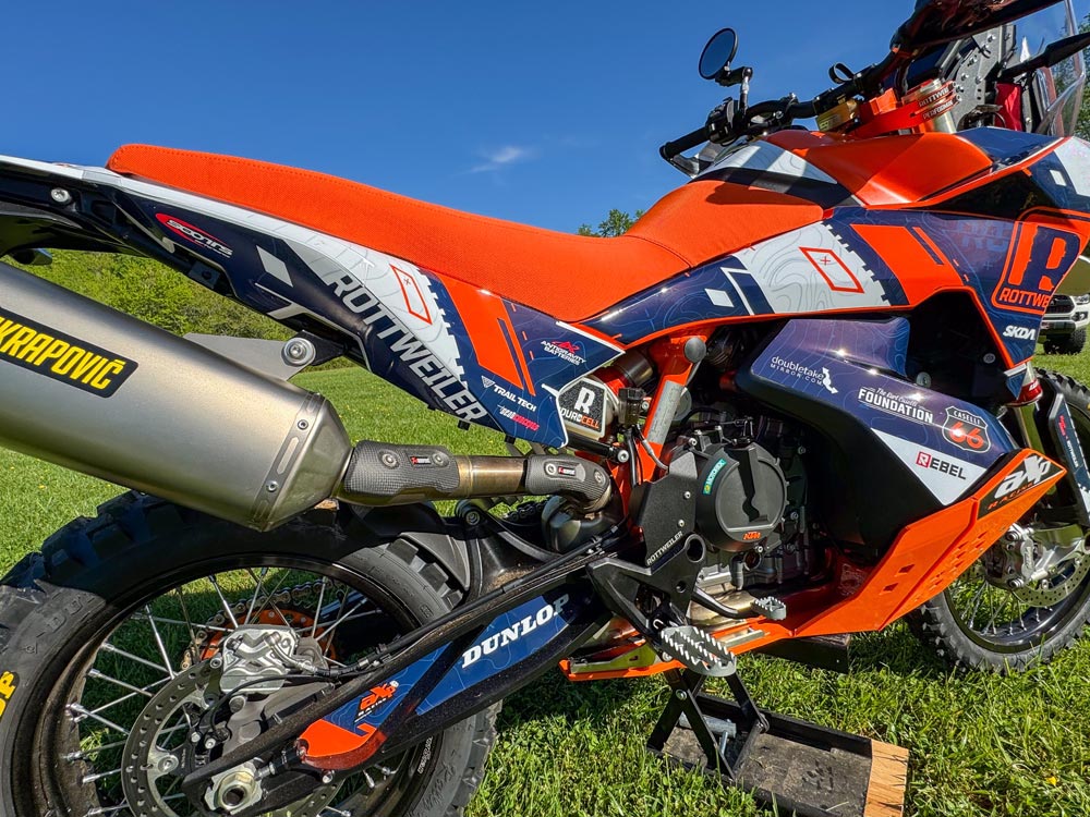 Close-up of the WP Xplor Pro suspension system on the 2024 KTM 890 Adventure R Rally.