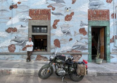 Motorcycle travel in Nicaragua: Diego Rosón riding through volcanic landscapes on his journey to Alaska.